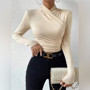 Cross-Over Collar Pleated Cinched T-Shirt